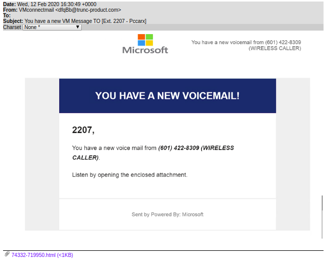 Phishing email with a fake voicemail note by Microsoft