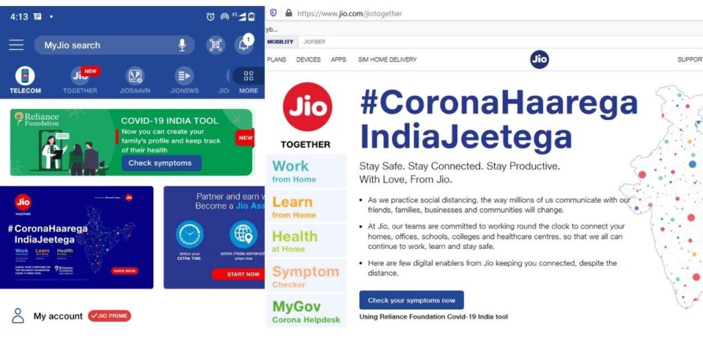 COVID-19 symptom checker tool by Jio in mobile app & desktop browser version